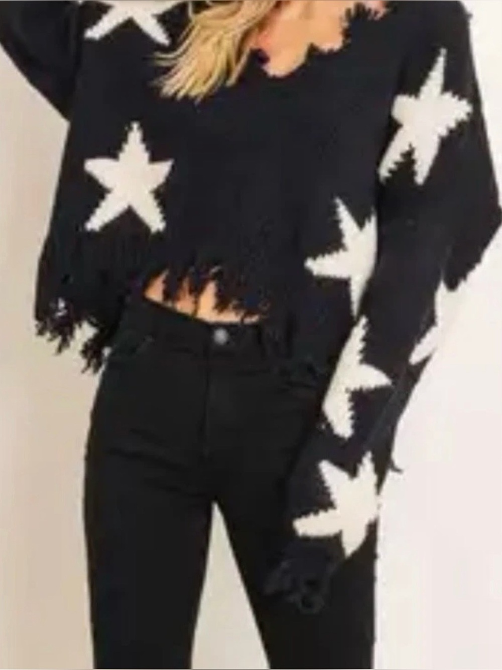 Zaful Black Cropped V-Neck Sweater with White Star Pattern